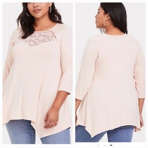 Torrid Super Soft Light Pink Lace Inset Handkerchief Tee 5x